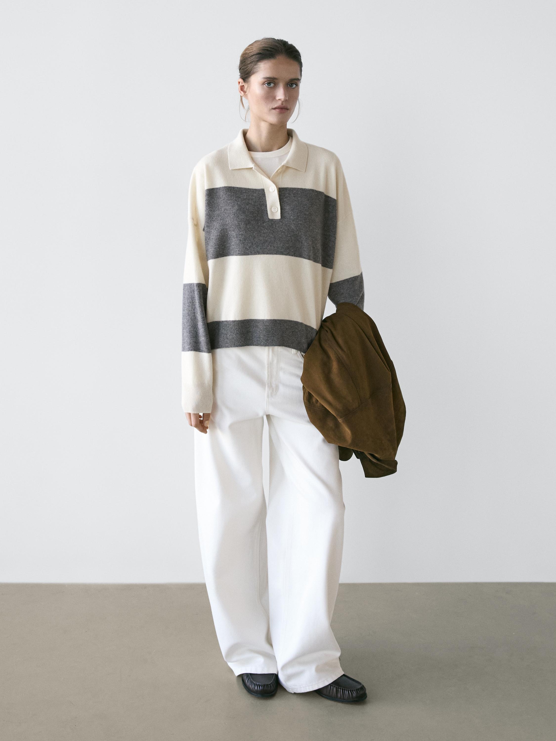 Striped knit sweater with polo collar